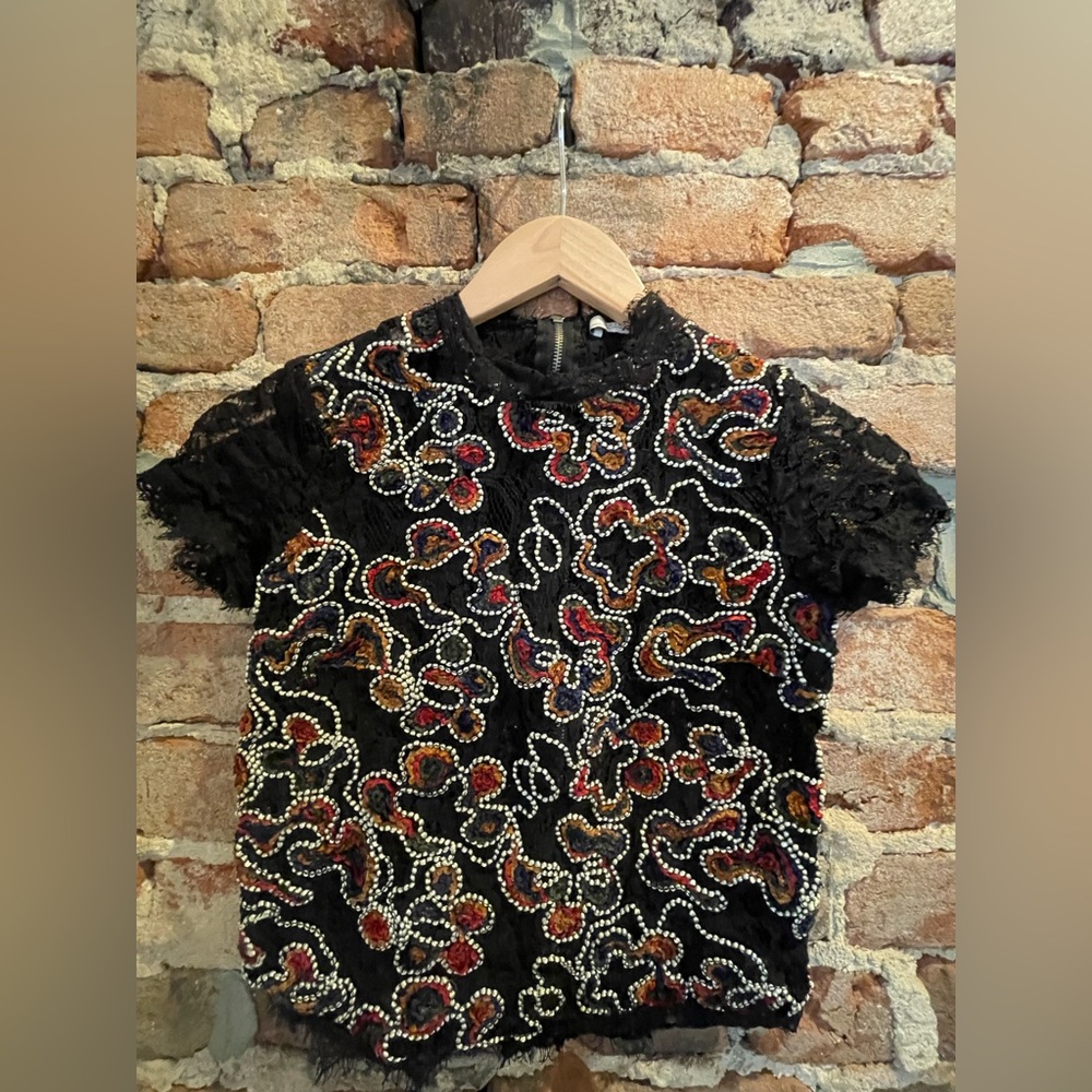 Zara Black and Multicolor Graphic Ruffled Blouse